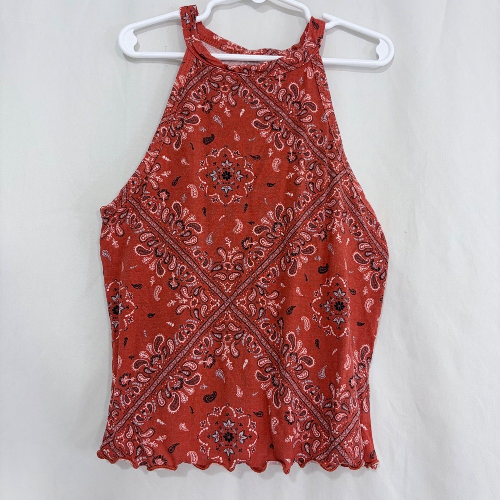 Bandana Paisley Halter Tank Top Western Festival Lettuce Hem Womens